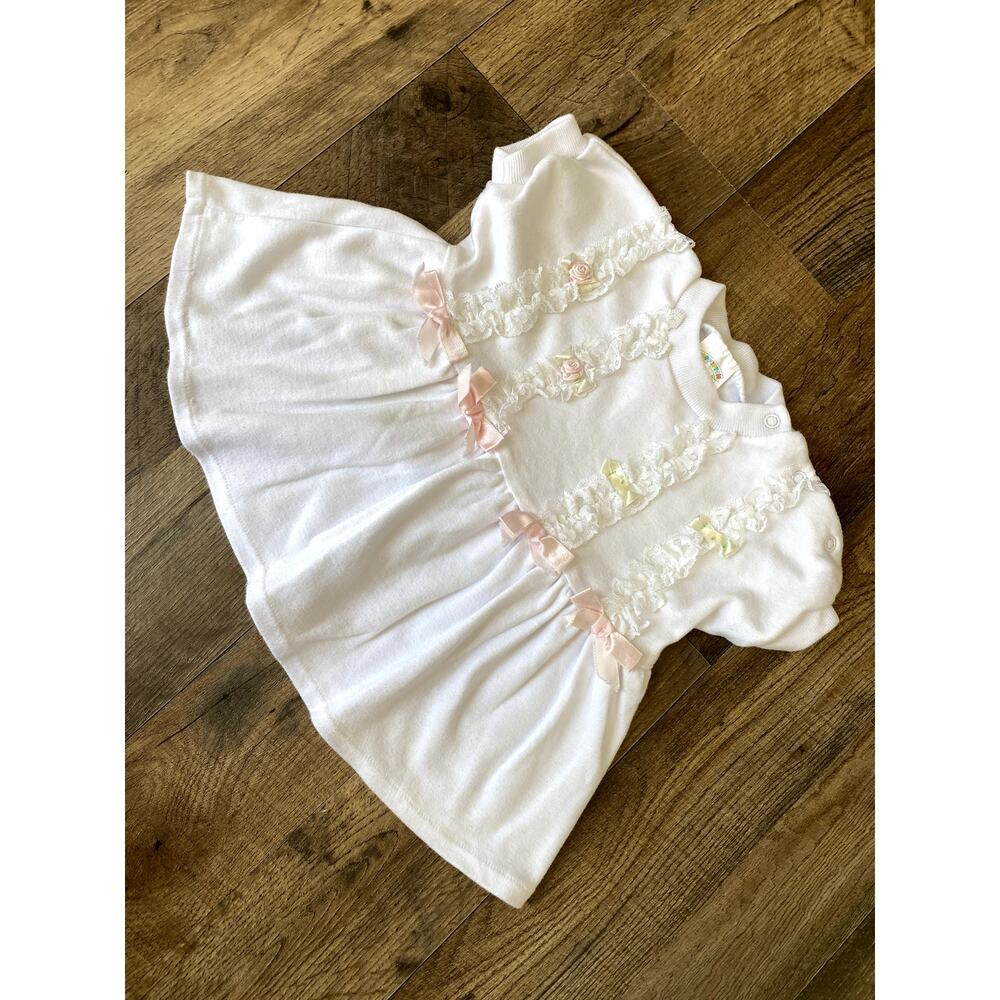Vintage Hopscotch Baby Girl 6-9 mo White Dress Pink Bow Lace Detail